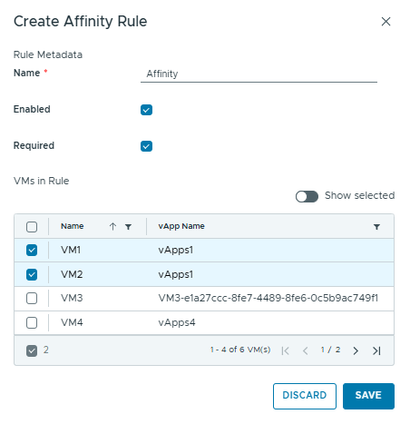 Portal Affinity Rules svm panel
